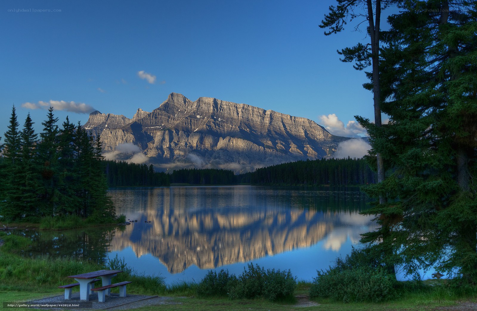 Mountain lake reflection at dawn