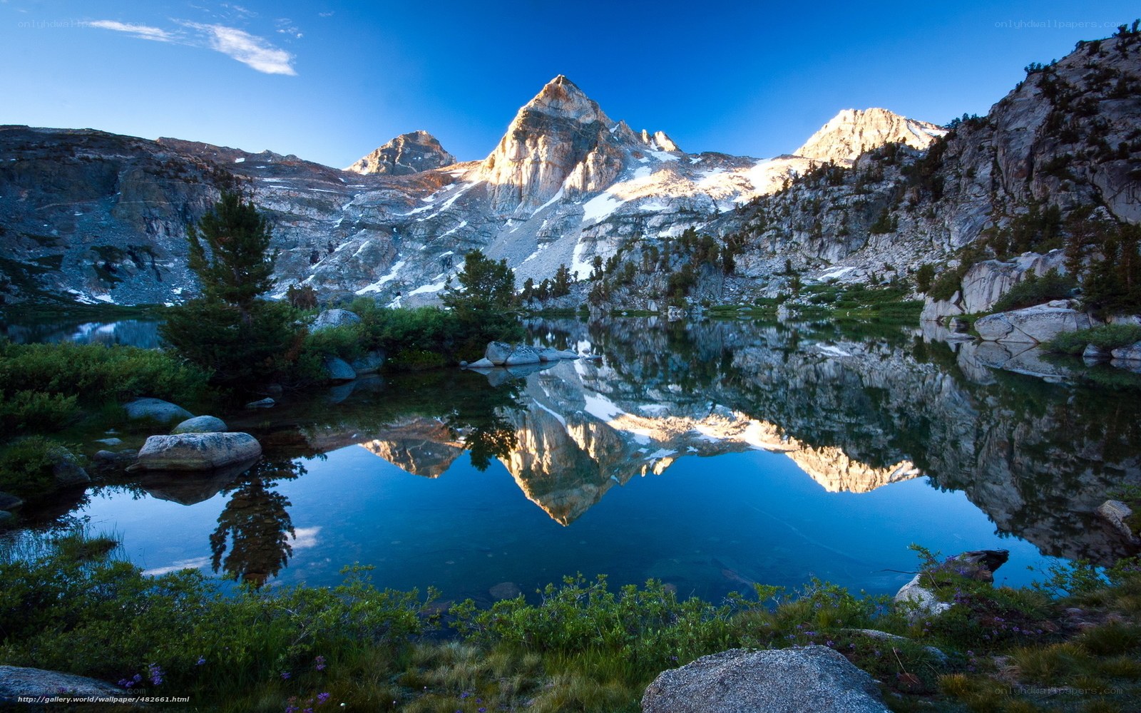 Mountain lake reflection at dawn