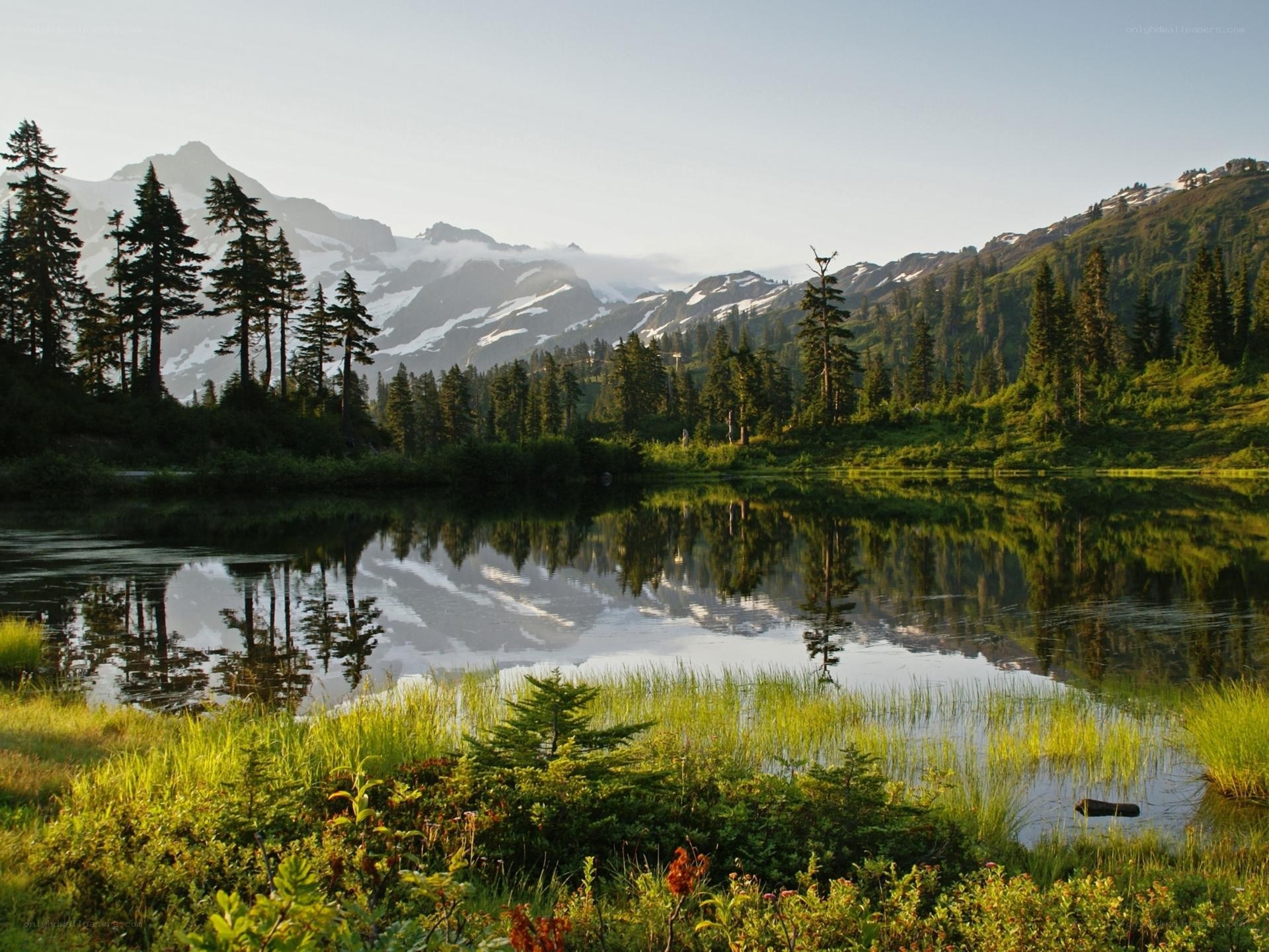 Mountain lake reflection at dawn