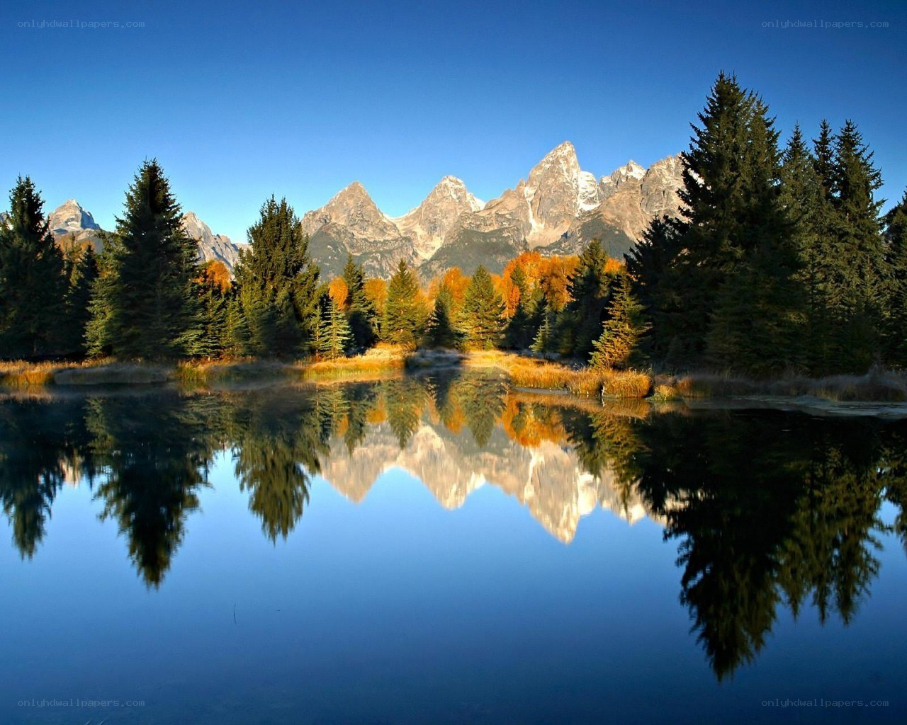 Mountain lake reflection at dawn