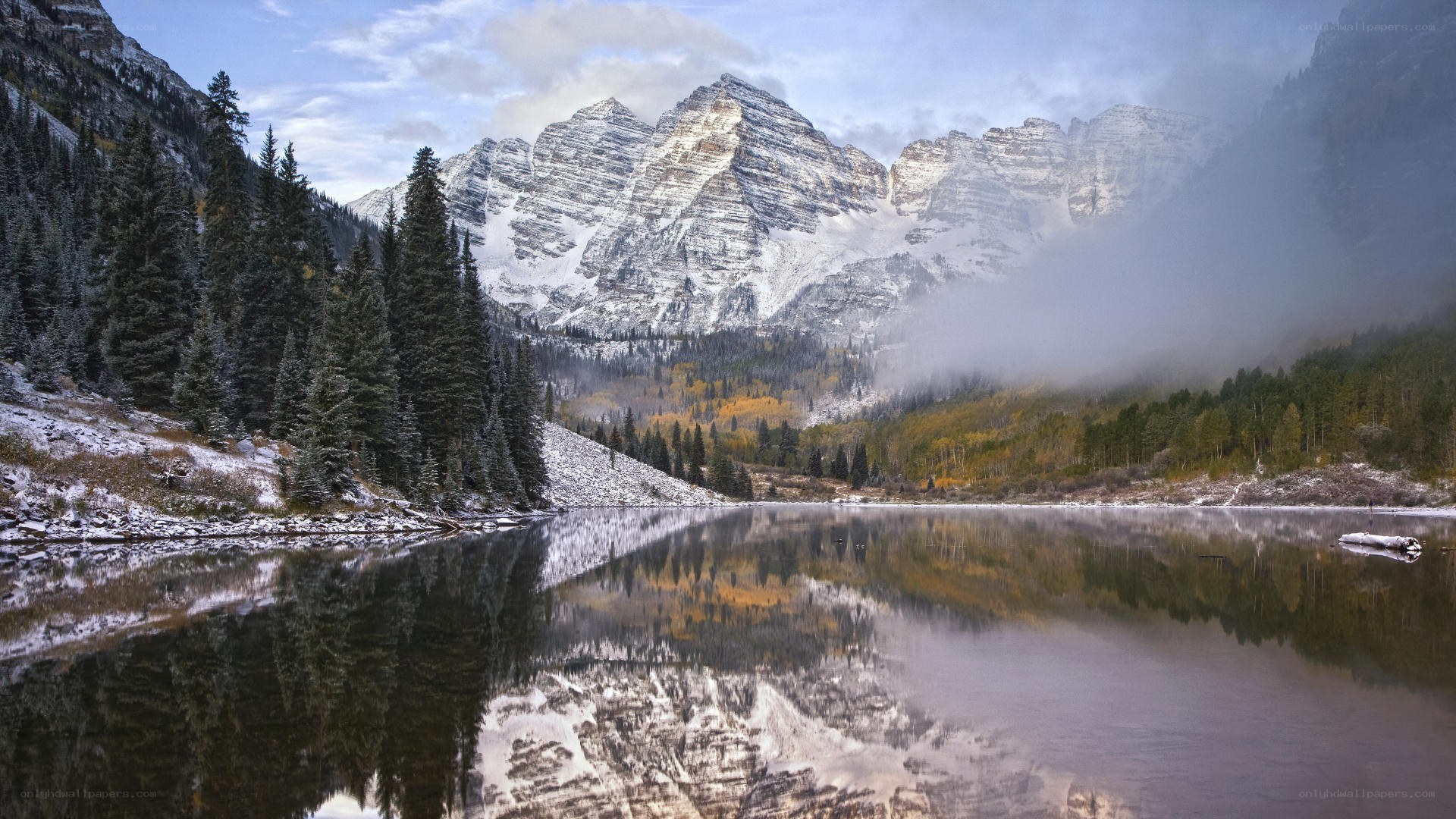 Mountain lake reflection at dawn