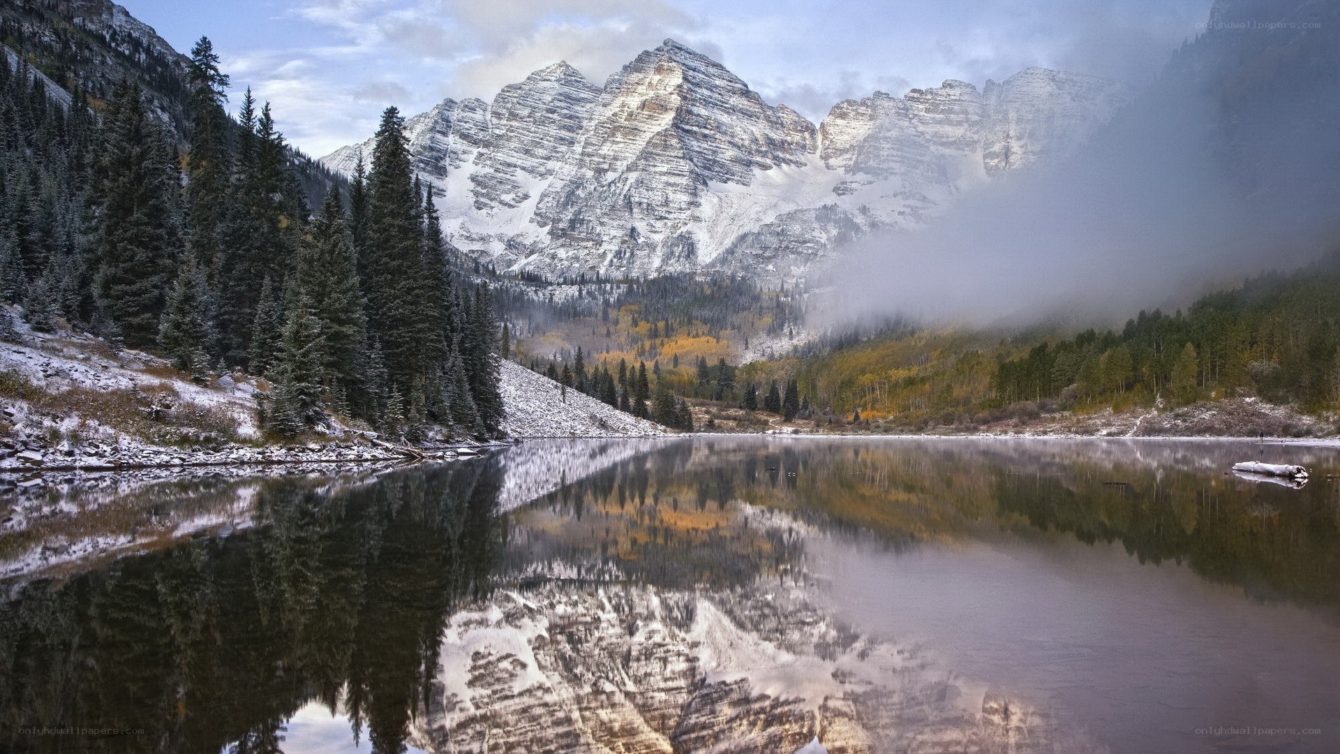 Mountain lake reflection at dawn
