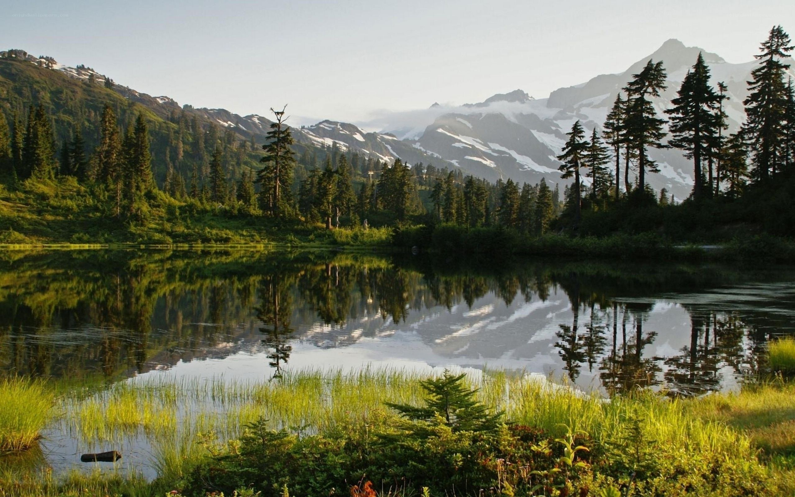Mountain lake reflection at dawn