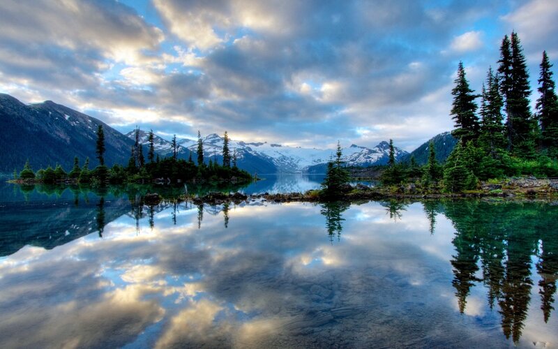 Mountain lake reflection at dawn