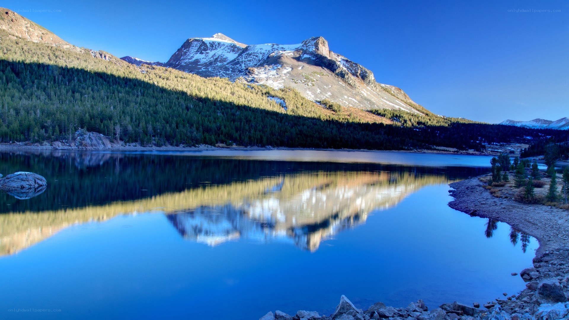 Mountain lake reflection at dawn