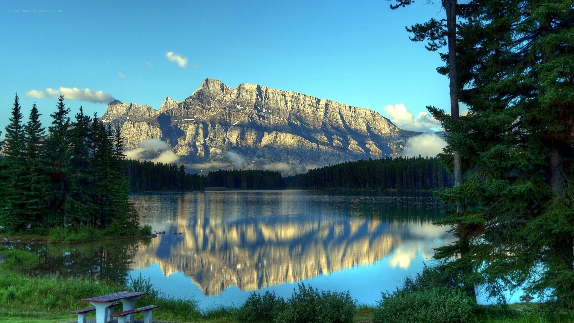 Mountain lake reflection at dawn