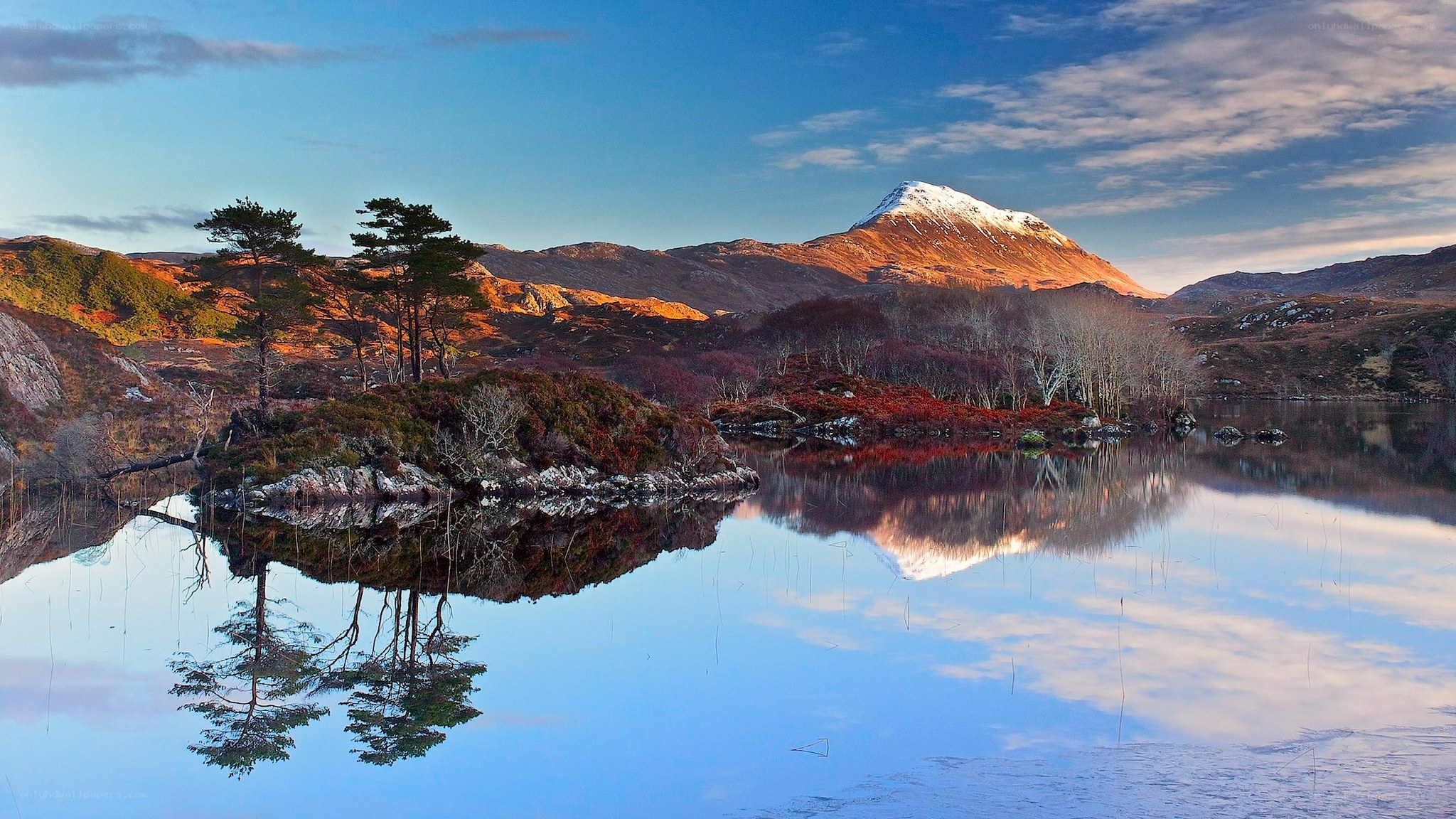 Mountain lake reflection at dawn