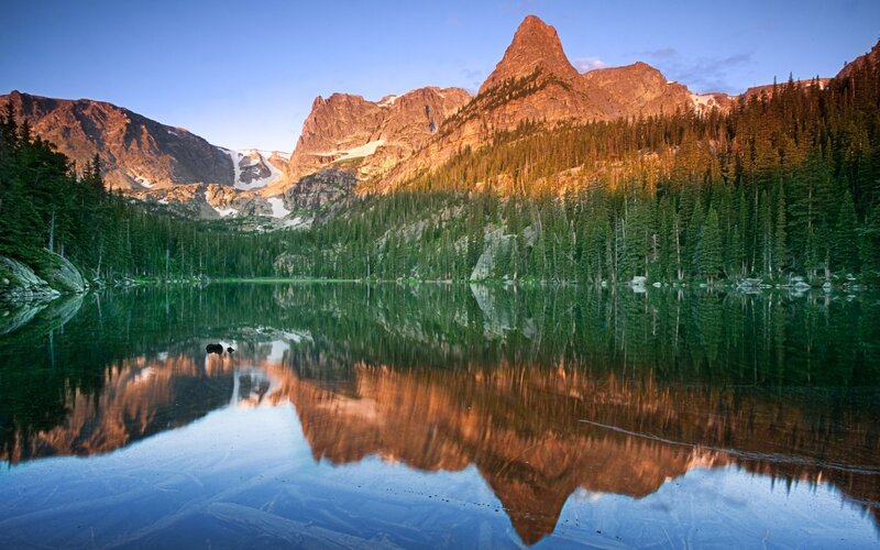 Mountain lake reflection at sunrise