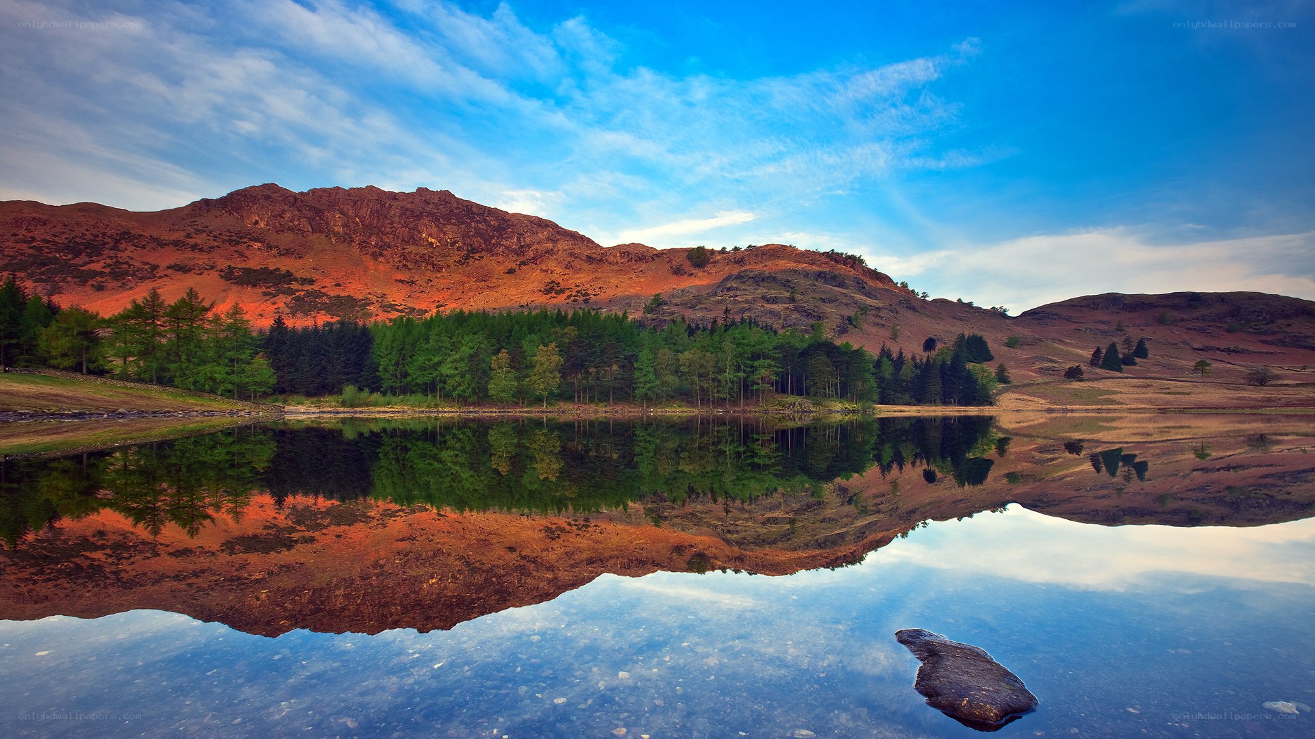 Mountain lake reflection at sunset