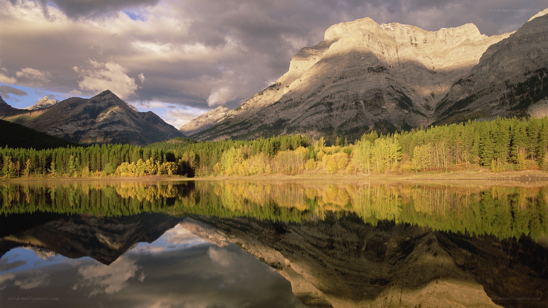 Mountain lake reflection at sunset
