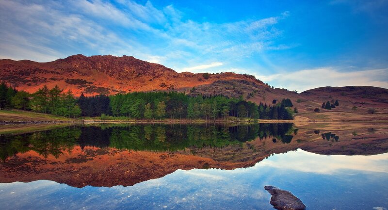 Mountain lake reflection at sunset