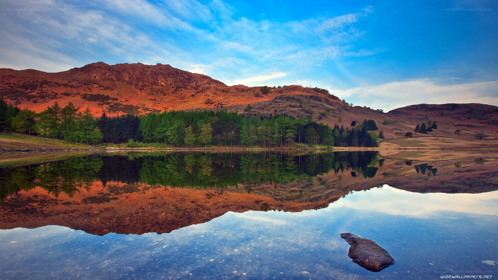 Mountain lake reflection at sunset