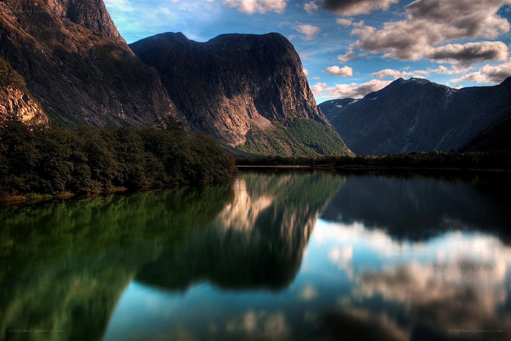 Mountain lake reflection at sunset