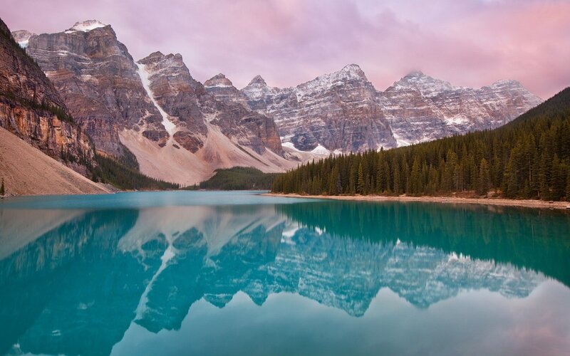 Mountain lake reflection at sunset