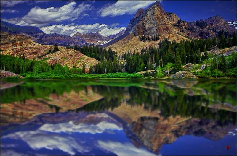 Mountain Lake Reflection — Blue, Dramatic, Afternoon, Digital Art