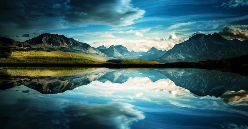 Mountain Lake Reflection — Blue, Dramatic, Afternoon, Photograph, Mountains, Clouds, Forest