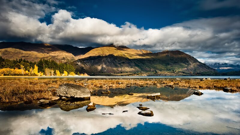 Mountain Lake Reflection — Blue, Dramatic, Afternoon, Photograph, Mountains, Clouds, Trees, Brown