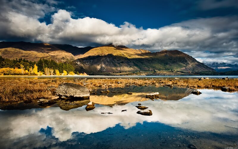 Mountain Lake Reflection — Blue, Dramatic, Afternoon, Photograph, Mountains, Clouds, Trees