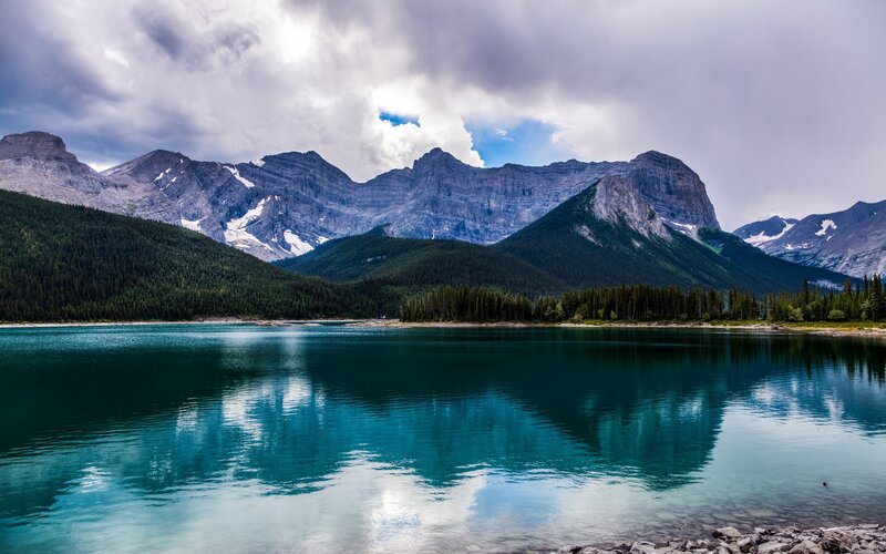 Mountain Lake Reflection — Blue, Dramatic, Afternoon, Photograph, Mountains, Forest, Clouds