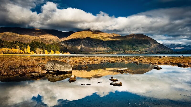 Mountain Lake Reflection — Blue, Dramatic, Afternoon, Photograph, Mountains, Trees, Clouds, Brown
