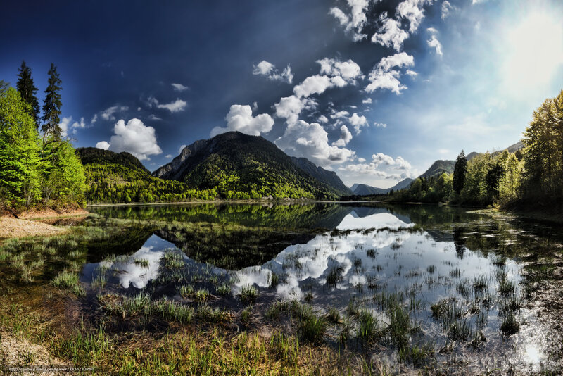 Mountain Lake Reflection — Blue, Dramatic, Afternoon, Photograph, Mountains, Trees, Clouds