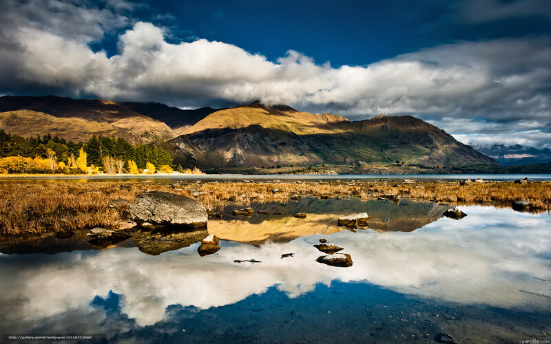 Mountain Lake Reflection — Blue, Dramatic, Afternoon, Photograph, Mountains, Trees, Rocks