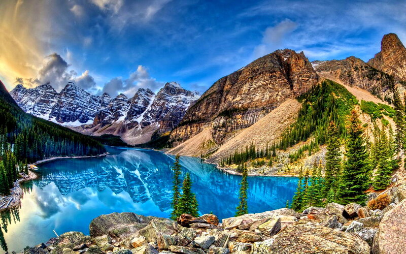 Mountain Lake Reflection — Blue, Dramatic, Afternoon, Photograph, Mountains, Trees, Sky