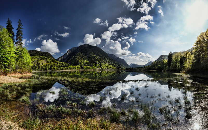 Mountain Lake Reflection — Blue, Dramatic, Afternoon, Photograph, Mountains, Trees