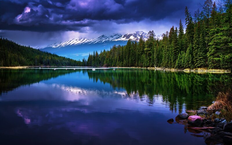 Mountain Lake Reflection — Blue, Dramatic, Afternoon, Photograph, Snow-capped Mountains