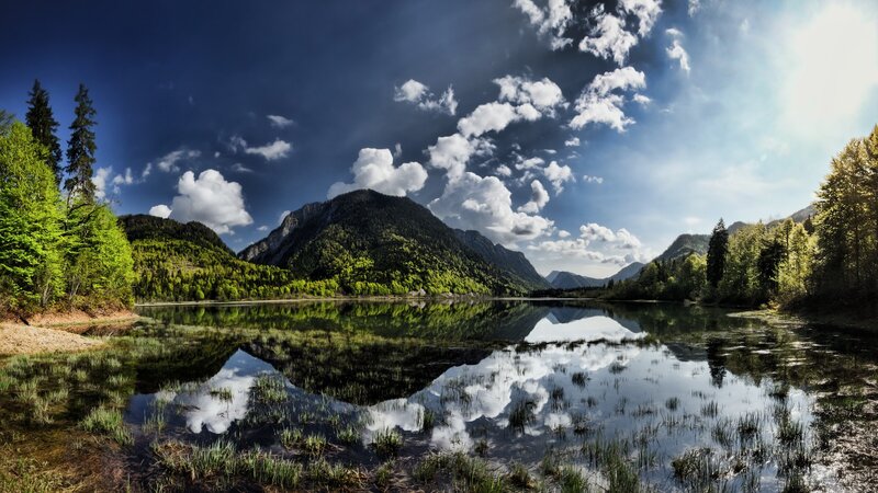 Mountain Lake Reflection — Blue, Dramatic, Afternoon, Photograph, Trees