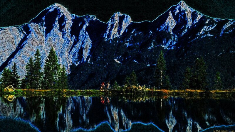 Mountain Lake Reflection — Blue, Dramatic, Night, Digital Art