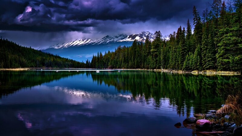 Mountain Lake Reflection — Blue, Dramatic, Night, Photograph, Forest