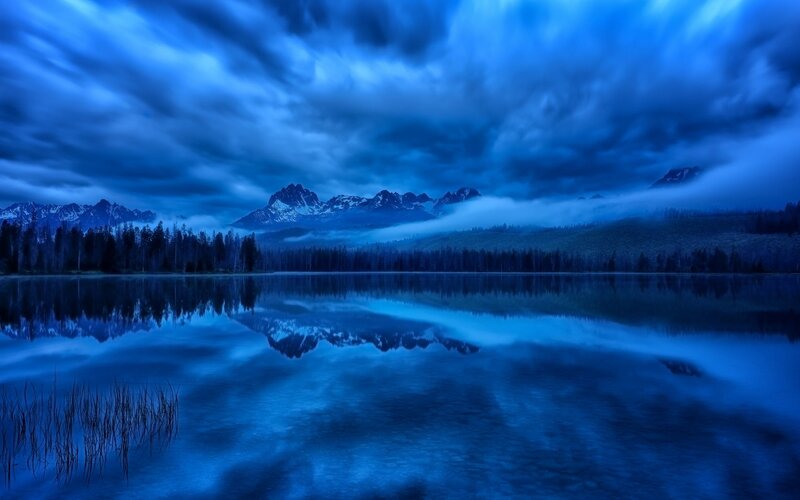 Mountain Lake Reflection — Blue, Dramatic, Night, Photograph, Mountains