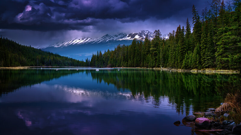 Mountain Lake Reflection — Blue, Dramatic, Night, Photograph