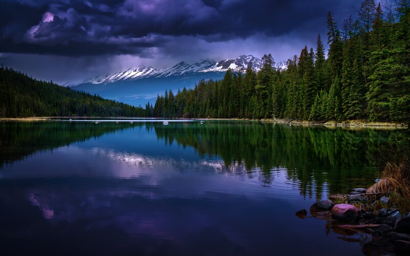 Mountain Lake Reflection — Blue, Dramatic, Night, Photograph, Trees