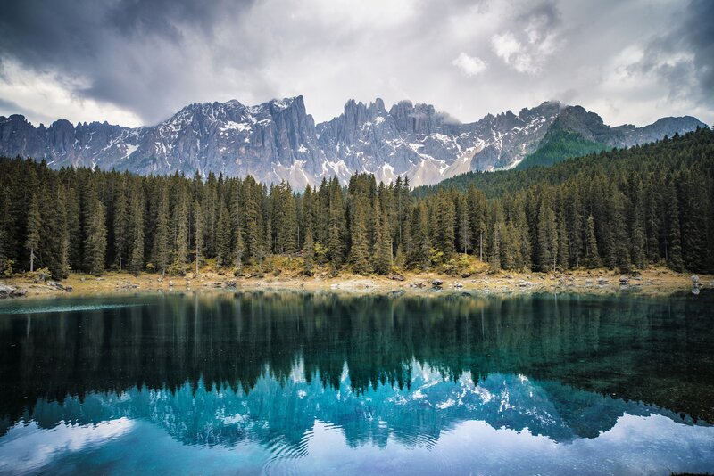 Mountain Lake Reflection — Blue, Dramatic, Photograph, Forest