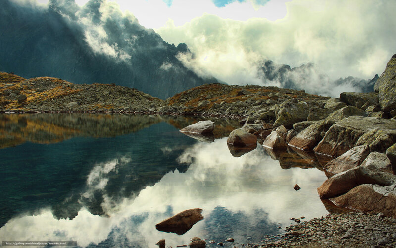 Mountain Lake Reflection — Blue, Dramatic, Photograph, Mountains, Clouds, Rocks