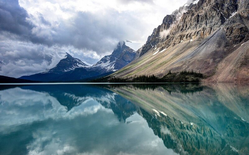 Mountain Lake Reflection — Blue, Dramatic, Photograph, Mountains, Clouds, Trees