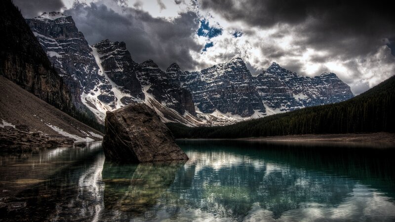 Mountain Lake Reflection — Blue, Dramatic, Photograph, Mountains, Forest, Rock