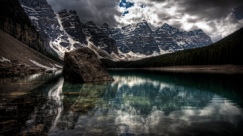 Mountain Lake Reflection — Blue, Dramatic, Photograph, Mountains, Forest