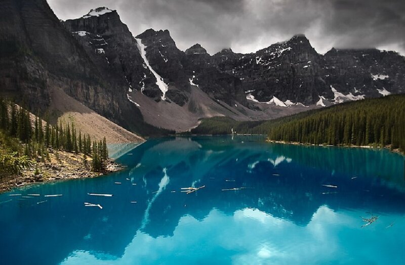 Mountain Lake Reflection — Blue, Dramatic, Photograph, Mountains, Forest, Trees