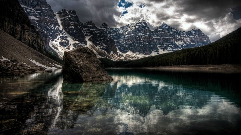 Mountain Lake Reflection — Blue, Dramatic, Photograph, Mountains, Rock, Forest, Green, Gray