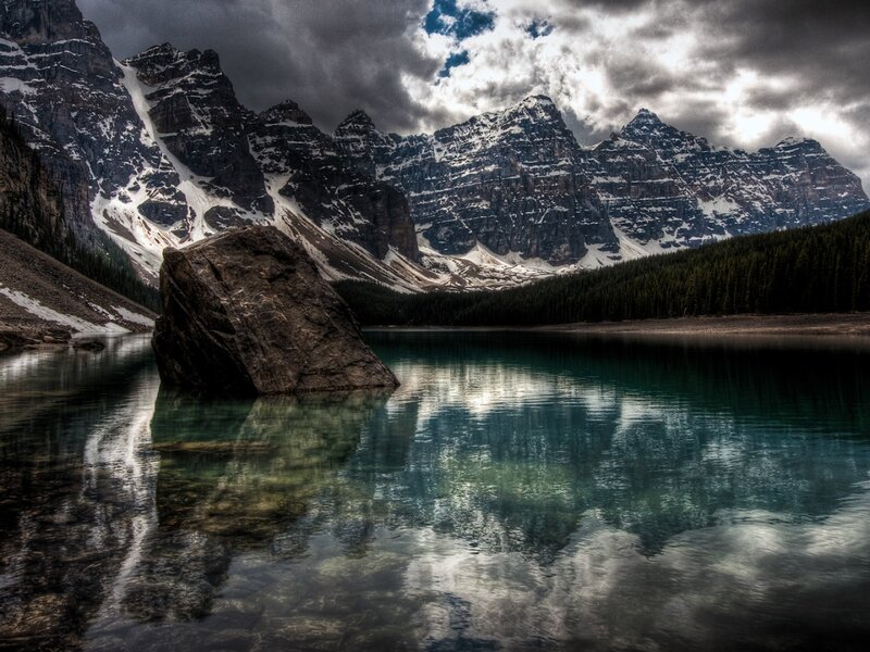 Mountain Lake Reflection — Blue, Dramatic, Photograph, Mountains, Rock