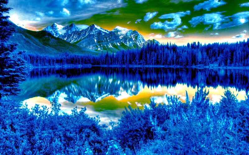 Mountain Lake Reflection — Blue, Dramatic, Sunset, Digital Art