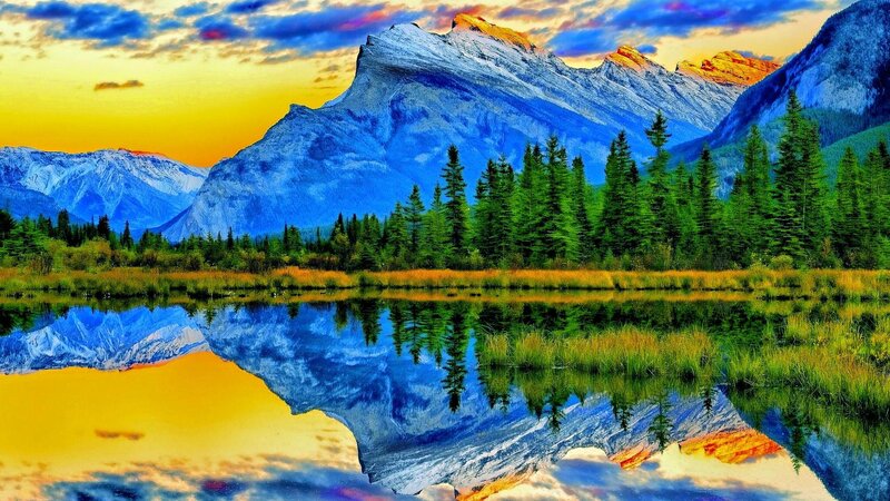 Mountain Lake Reflection — Blue, Dramatic, Sunset, Digital Art, Trees