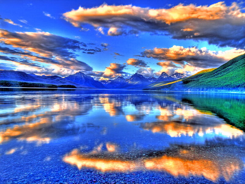 Mountain Lake Reflection — Blue, Dramatic, Sunset, Photograph, Mountains, Clouds