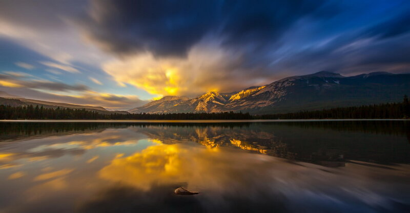 Mountain Lake Reflection — Blue, Dramatic, Sunset, Photograph, Mountains, Clouds, Trees