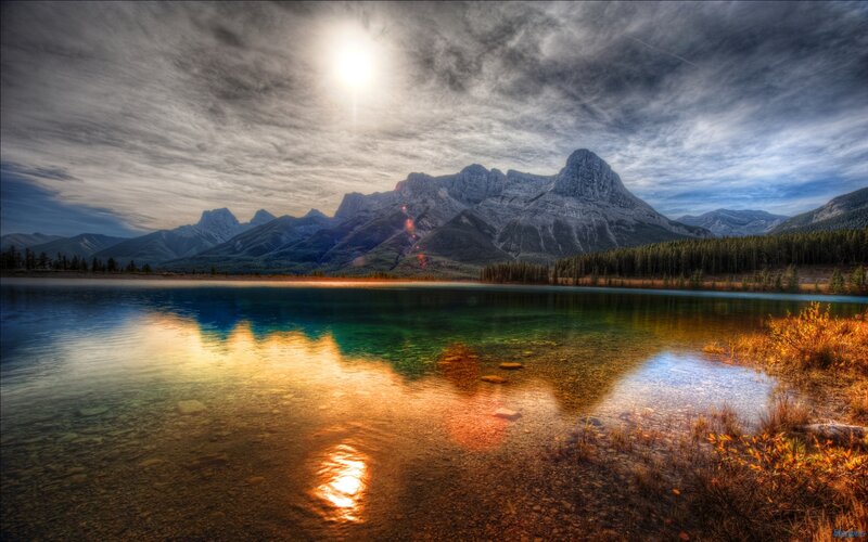 Mountain Lake Reflection — Blue, Dramatic, Sunset, Photograph, Mountains, Forest, Sun, Clouds