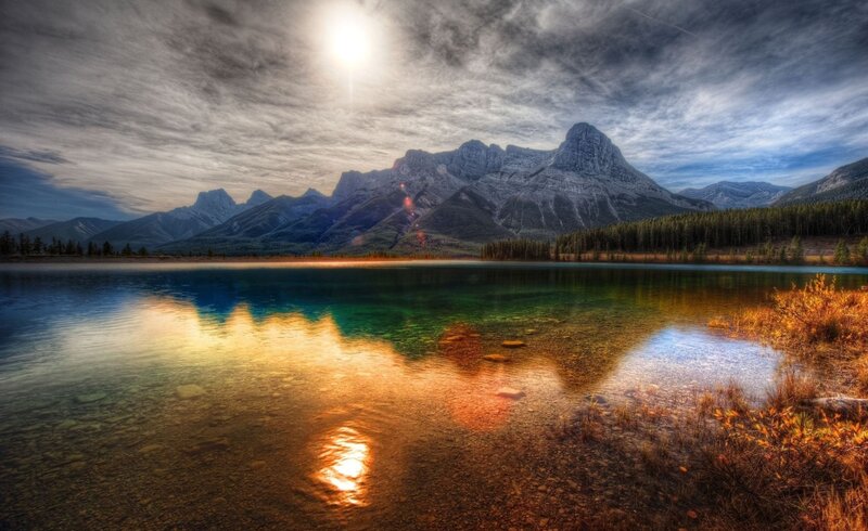 Mountain Lake Reflection — Blue, Dramatic, Sunset, Photograph, Mountains, Forest, Sun