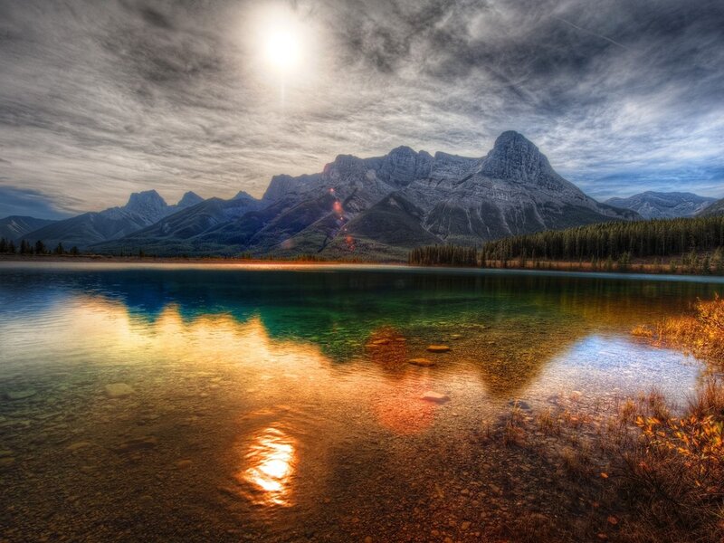 Mountain Lake Reflection — Blue, Dramatic, Sunset, Photograph, Mountains, Forest